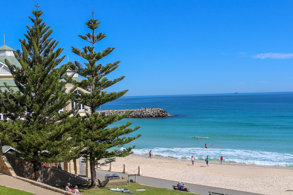 Pinetrees, and people on Cottesloe Beach Perth