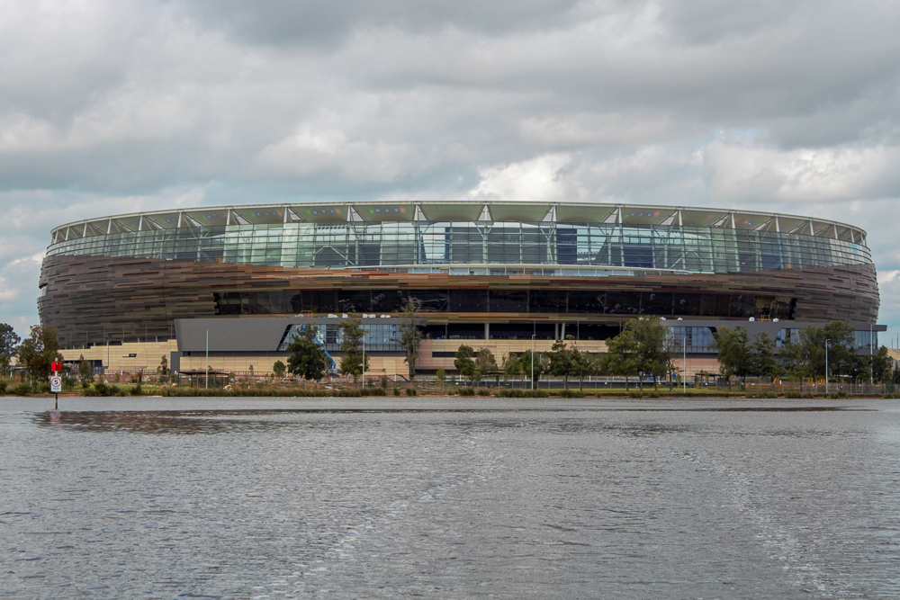 Perth Stadium, aka as Optus Stadium, as seen from Swan River
