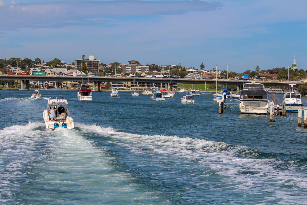 Boats and bridge on Swan River, Perth